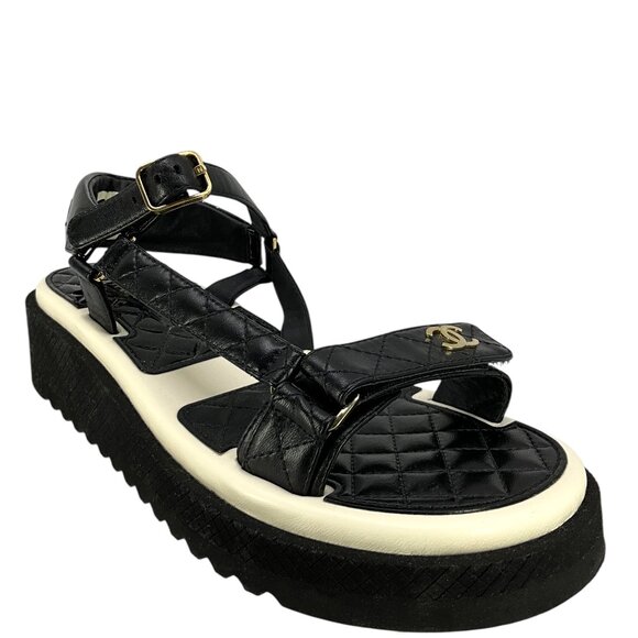CHANEL Lambskin Patent Logo Platform Sandals Size 42 - Picture 1 of 6